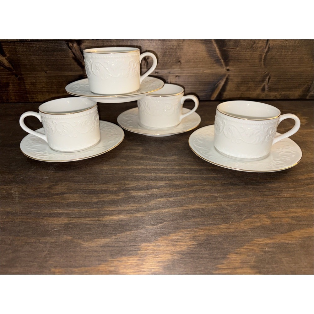 Set Of 4 Farberware Cup & Saucers CALAIS #4173 White Embossed Vintage 1998